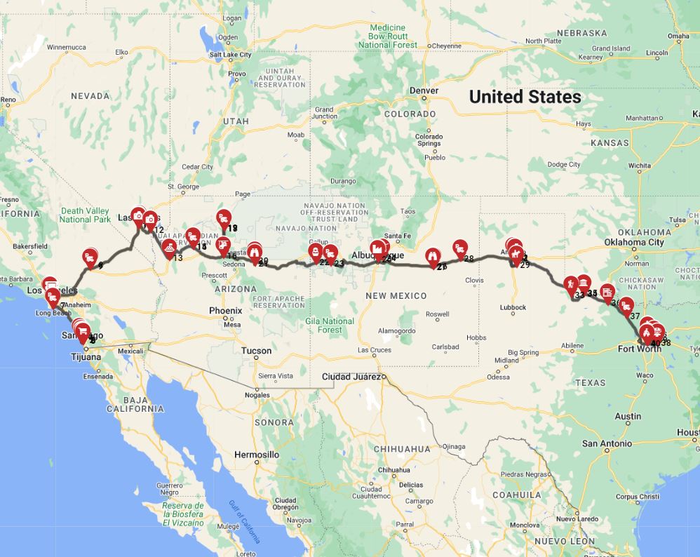 San Diego to Dallas motorhome trip full route